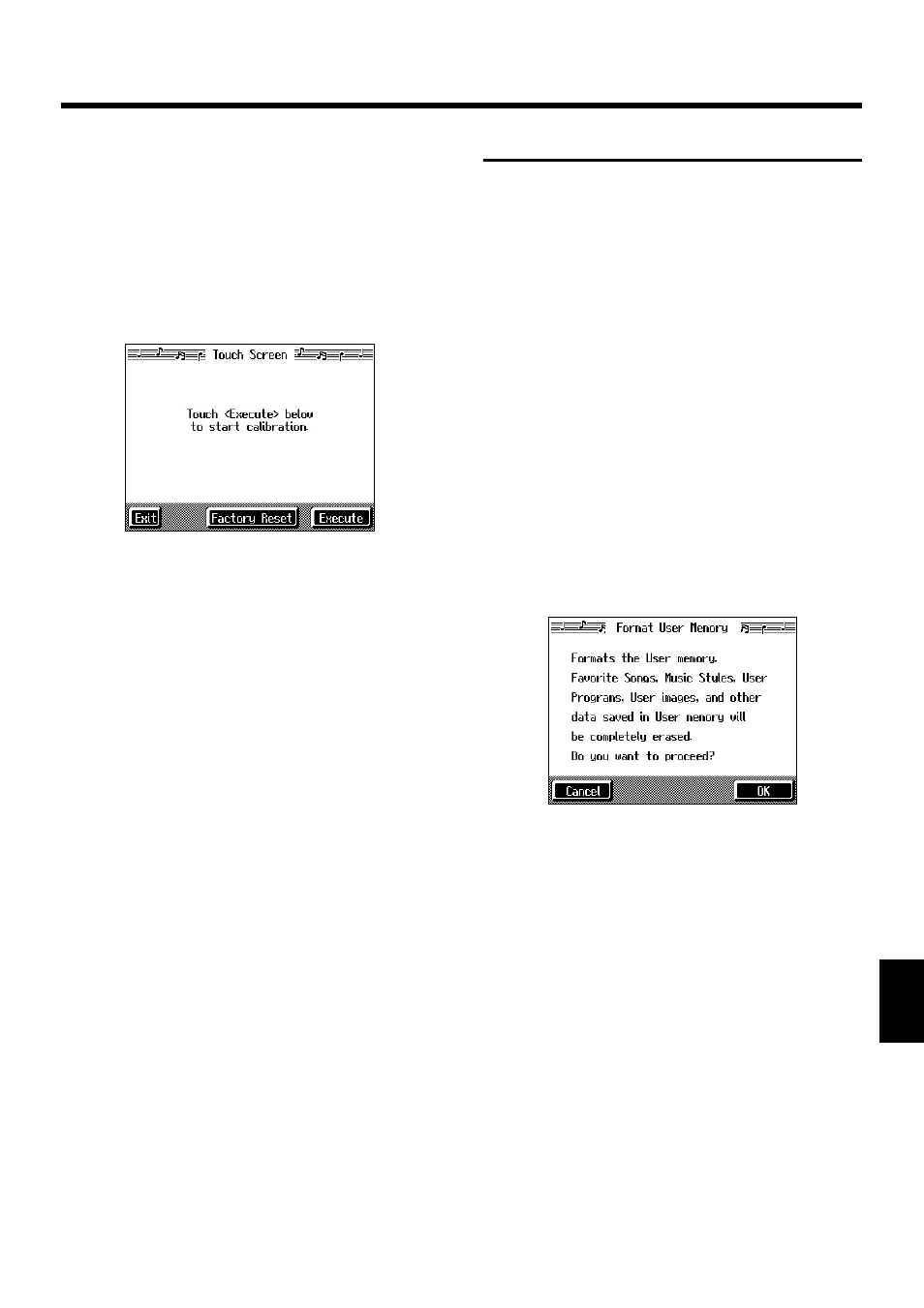 Calibrating the touch screen (touch screen), Formatting the user memory, Condition, refer to “formatting | The user memory” (p. 151), Screen (p. 151), 151 chapter 8 various settings | Roland KF-7 User Manual | Page 151 / 192