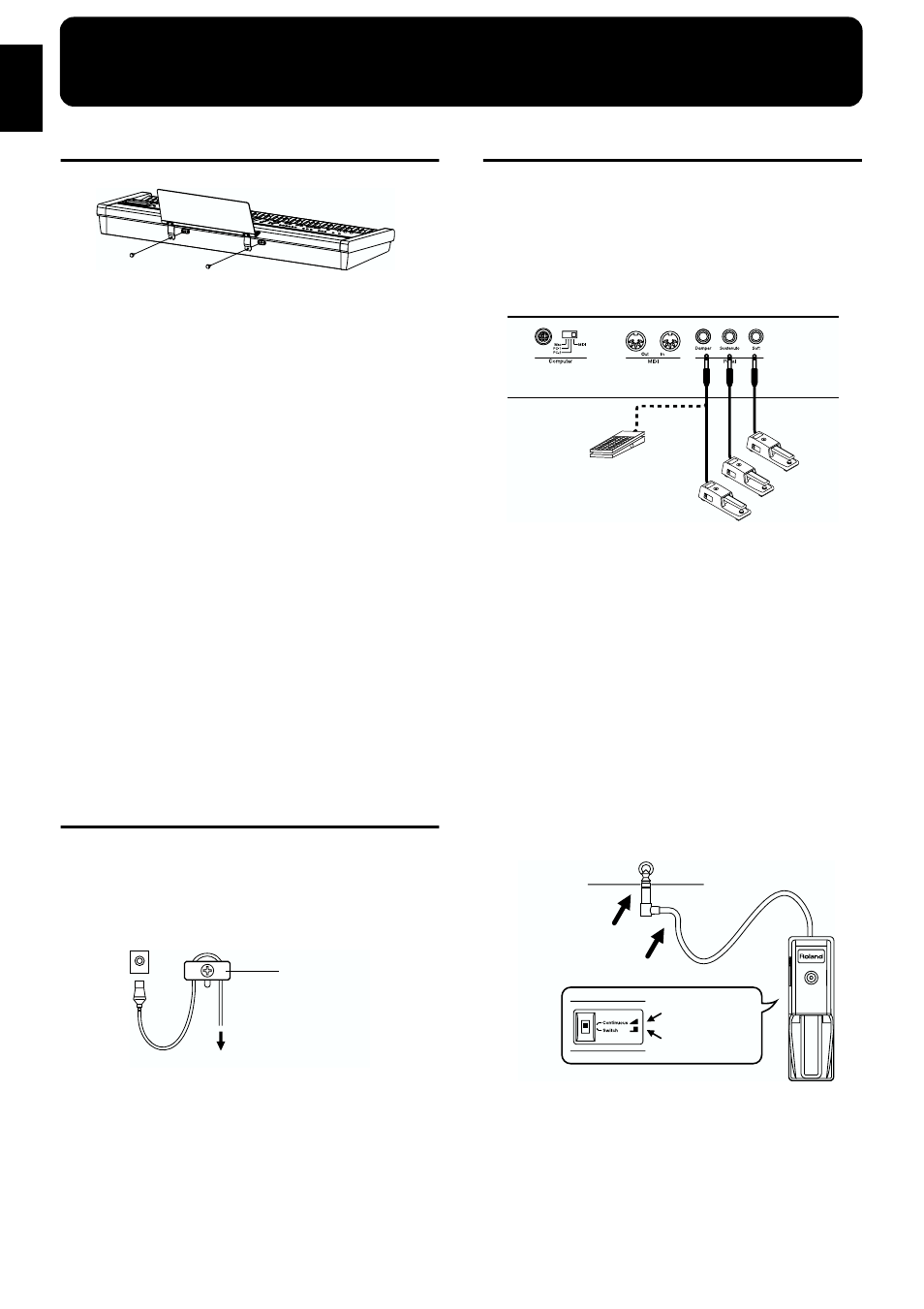 Before you start playing, Installing the music stand, Connect the power cord | Connecting pedals, Pedal (ev-5) or others (p. 16), Connect the included ac adapter here (p. 16) | Roland KF-7 User Manual | Page 16 / 192