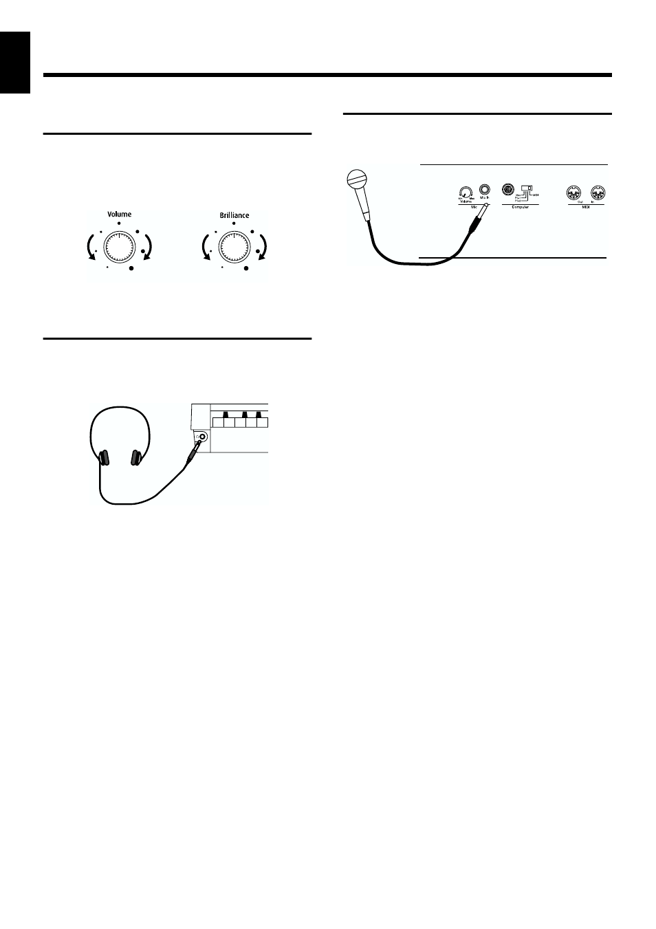 Adjusting the sound’s volume and brilliance, Connecting headphones, Connecting a microphone | Adjusts the overall volume (p. 18), Adjusts the brightness of the sound (p. 18), Used for connecting microphones (p. 18), 18 before you start playing | Roland KF-7 User Manual | Page 18 / 192