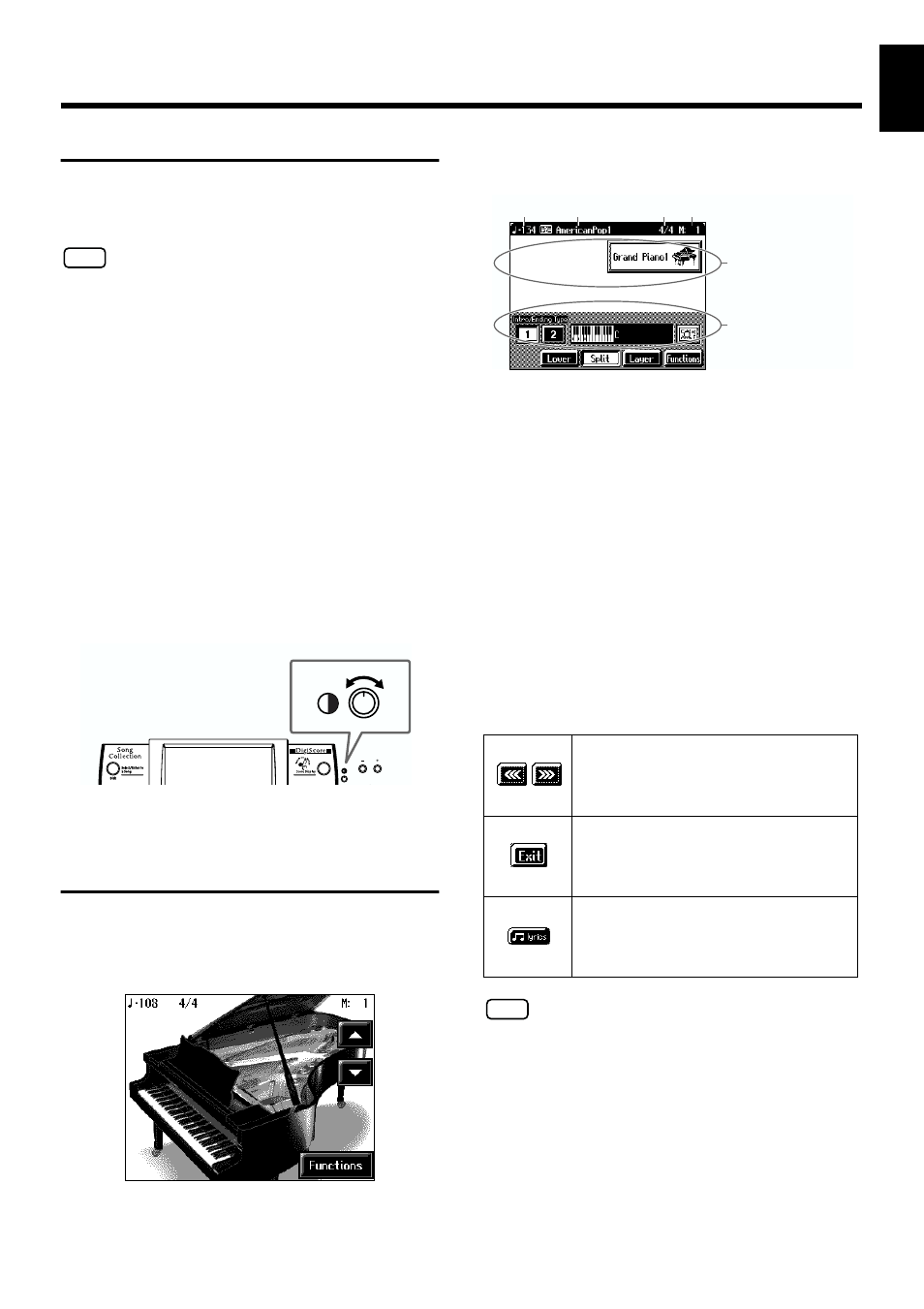 About the touch screen, Adjusting the contrast of the screen, Main screens | Piano screen, Basic screen, Using the main icons, The screen (p. 19), Adjusts the contrast of the screen (p. 19), 19 before you start playing | Roland KF-7 User Manual | Page 19 / 192