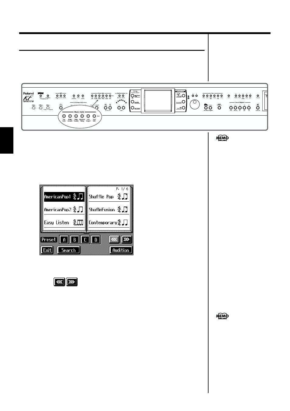 Selecting music styles (music style buttons), Selecting music styles (music, Style buttons)” (p. 50) | 50 chapter 2 automatic accompaniment | Roland KF-7 User Manual | Page 50 / 192