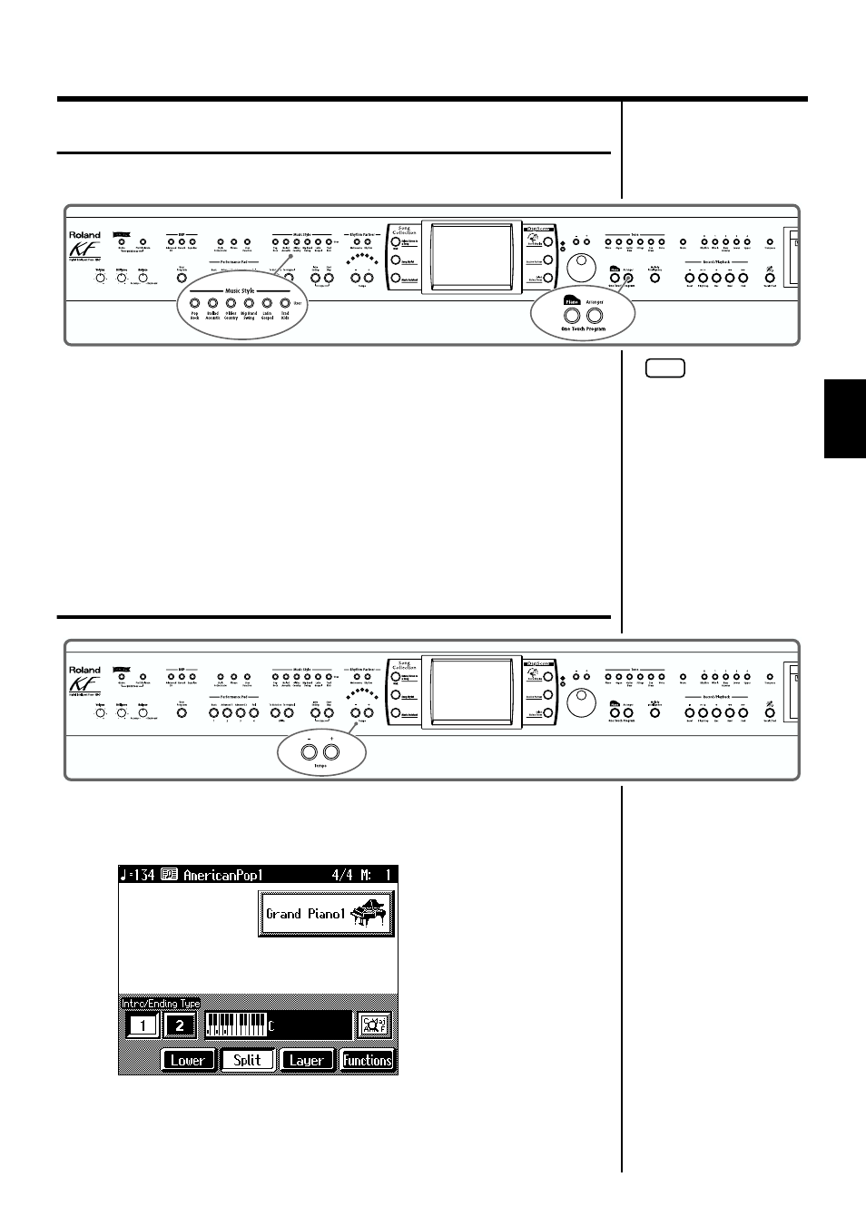 Playing only music style rhythm patterns, Adjusting the accompaniment tempo, 53 chapter 2 automatic accompaniment | Roland KF-7 User Manual | Page 53 / 192