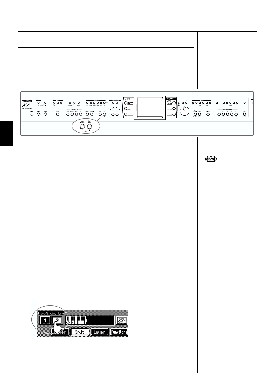 Starting and stopping the accompaniment, P. 54), Starting and stopping the | Accompaniment” (p. 54) | Roland KF-7 User Manual | Page 54 / 192