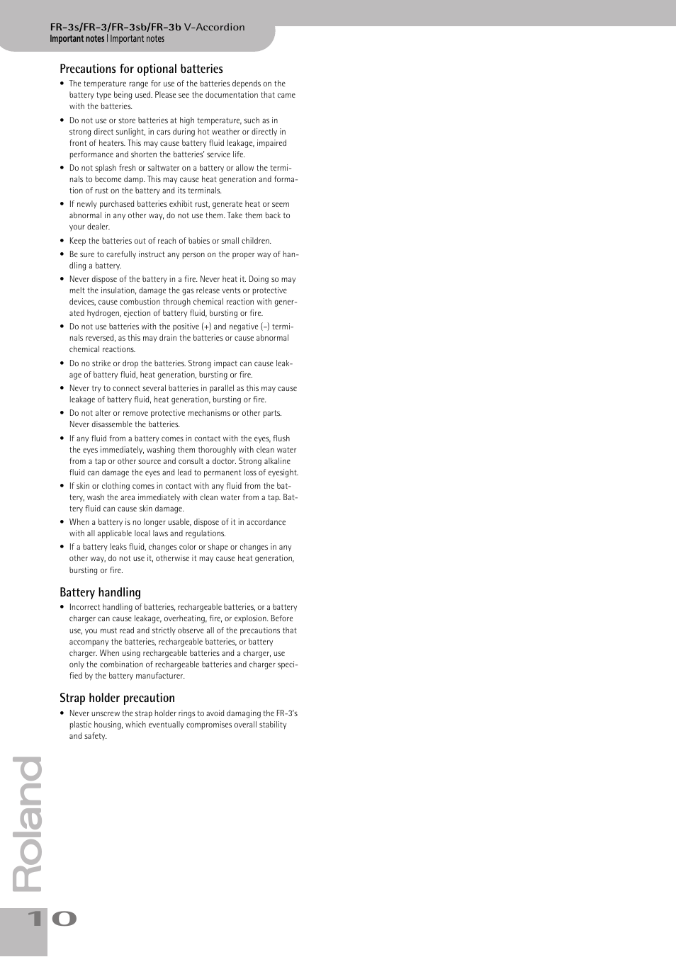Precautions for optional batteries, Battery handling, Strap holder precaution | Roland FR-3s User Manual | Page 10 / 68