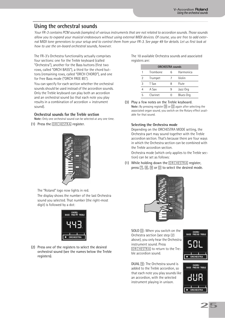 Using the orchestral sounds, Orchestral sounds for the treble section, To select an orchestra mode (see p. 25) | Roland FR-3s User Manual | Page 25 / 68