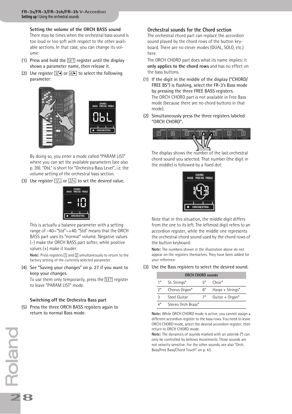 Orchestral sounds for the chord section, P. 28 for details | Roland FR-3s User Manual | Page 28 / 68