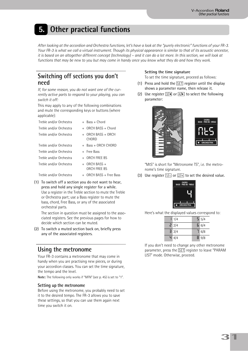 Other practical functions, Switching off sections you don’t need, Using the metronome | Setting up the metronome, 31 5. other practical functions | Roland FR-3s User Manual | Page 31 / 68