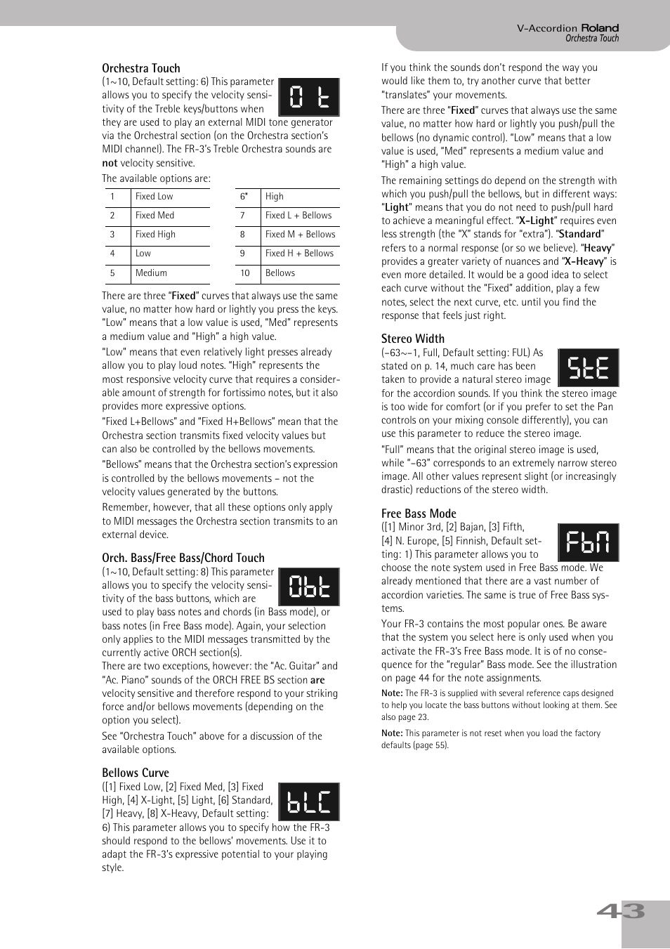 Orchestra touch, Orch. bass/free bass/chord touch, Bellows curve | Stereo width, Free bass mode, O t obt blc ste fbm | Roland FR-3s User Manual | Page 43 / 68