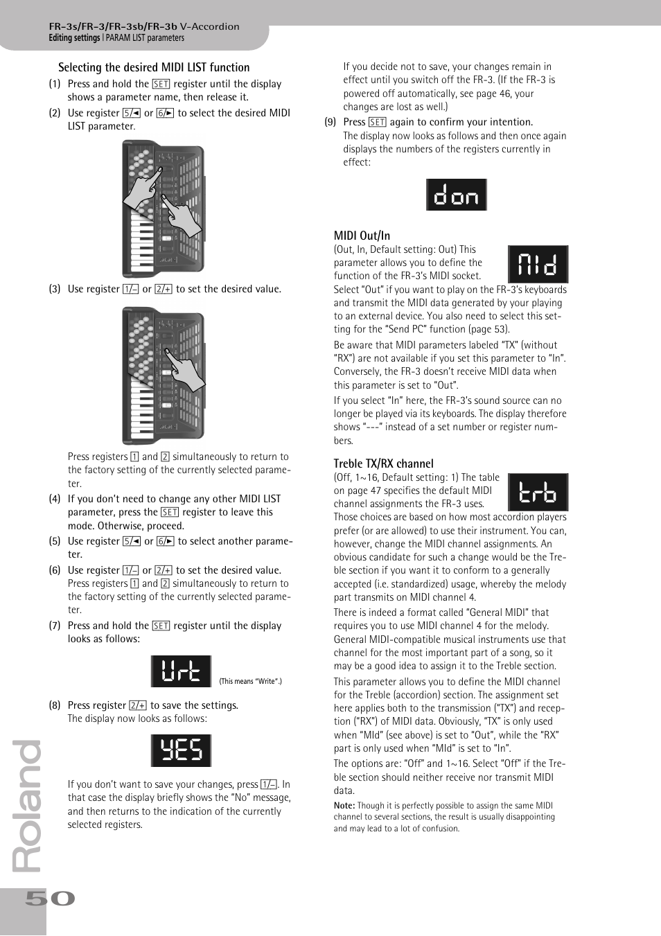 Selecting the desired midi list function, Midi out/in, Treble tx/rx channel | Yes don mid trb | Roland FR-3s User Manual | Page 50 / 68