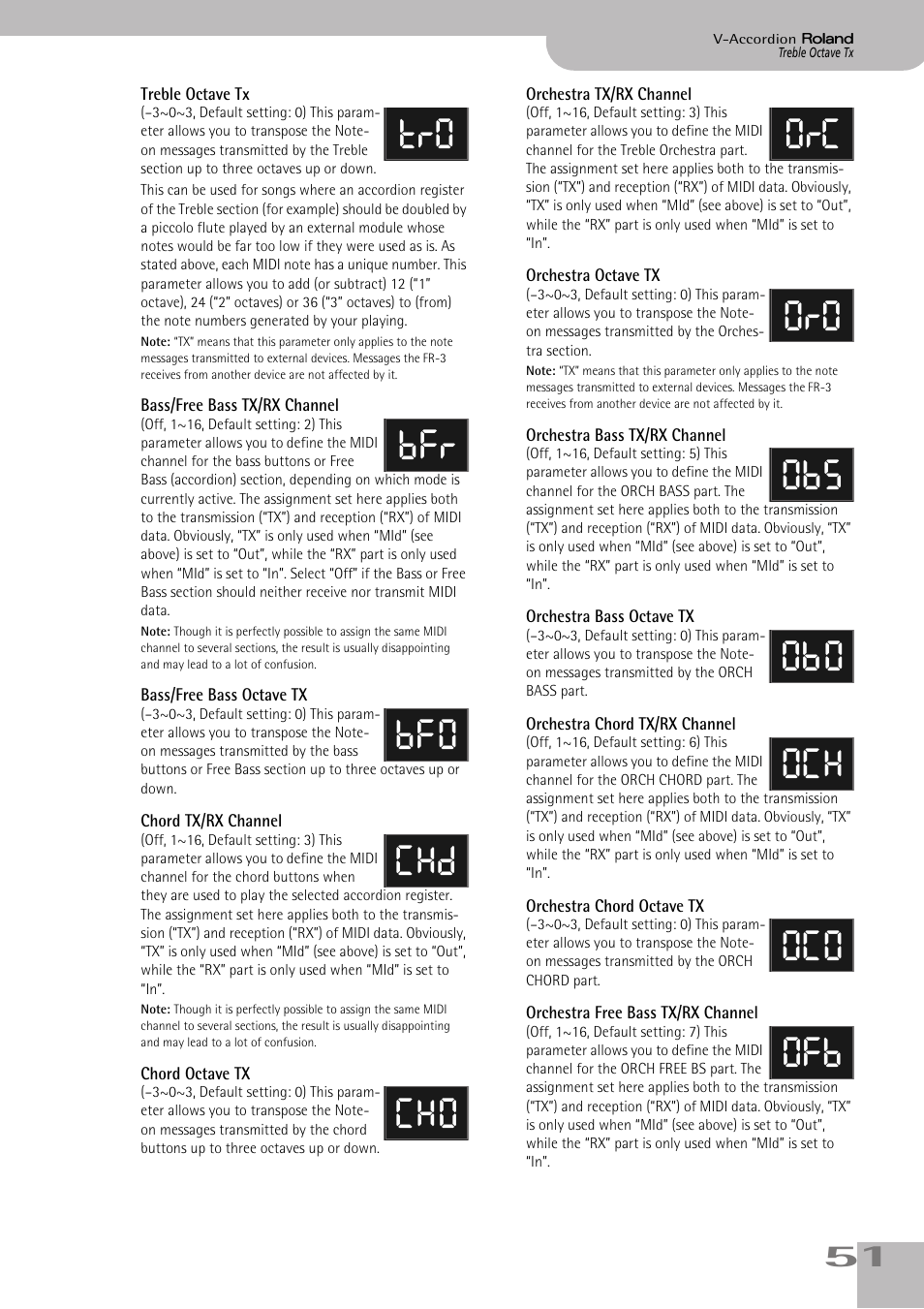 Treble octave tx, Bass/free bass tx/rx channel, Bass/free bass octave tx | Chord tx/rx channel, Chord octave tx, Orchestra tx/rx channel, Orchestra octave tx, Orchestra bass tx/rx channel, Orchestra bass octave tx, Orchestra chord tx/rx channel | Roland FR-3s User Manual | Page 51 / 68