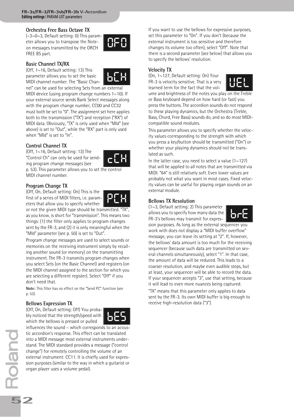 Orchestra free bass octave tx, Basic channel tx/rx, Control channel tx | Program change tx, Bellows expression tx, Velocity tx, Bellows tx resolution, Ofo bch cch pch bes vel bre | Roland FR-3s User Manual | Page 52 / 68