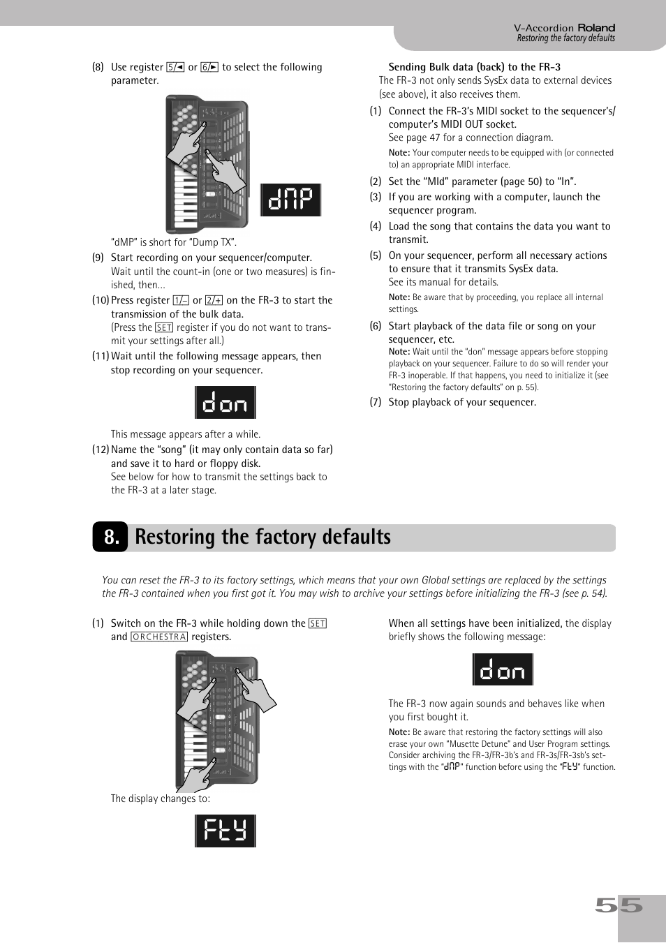 Restoring the factory defaults, Dmp don fty don | Roland FR-3s User Manual | Page 55 / 68