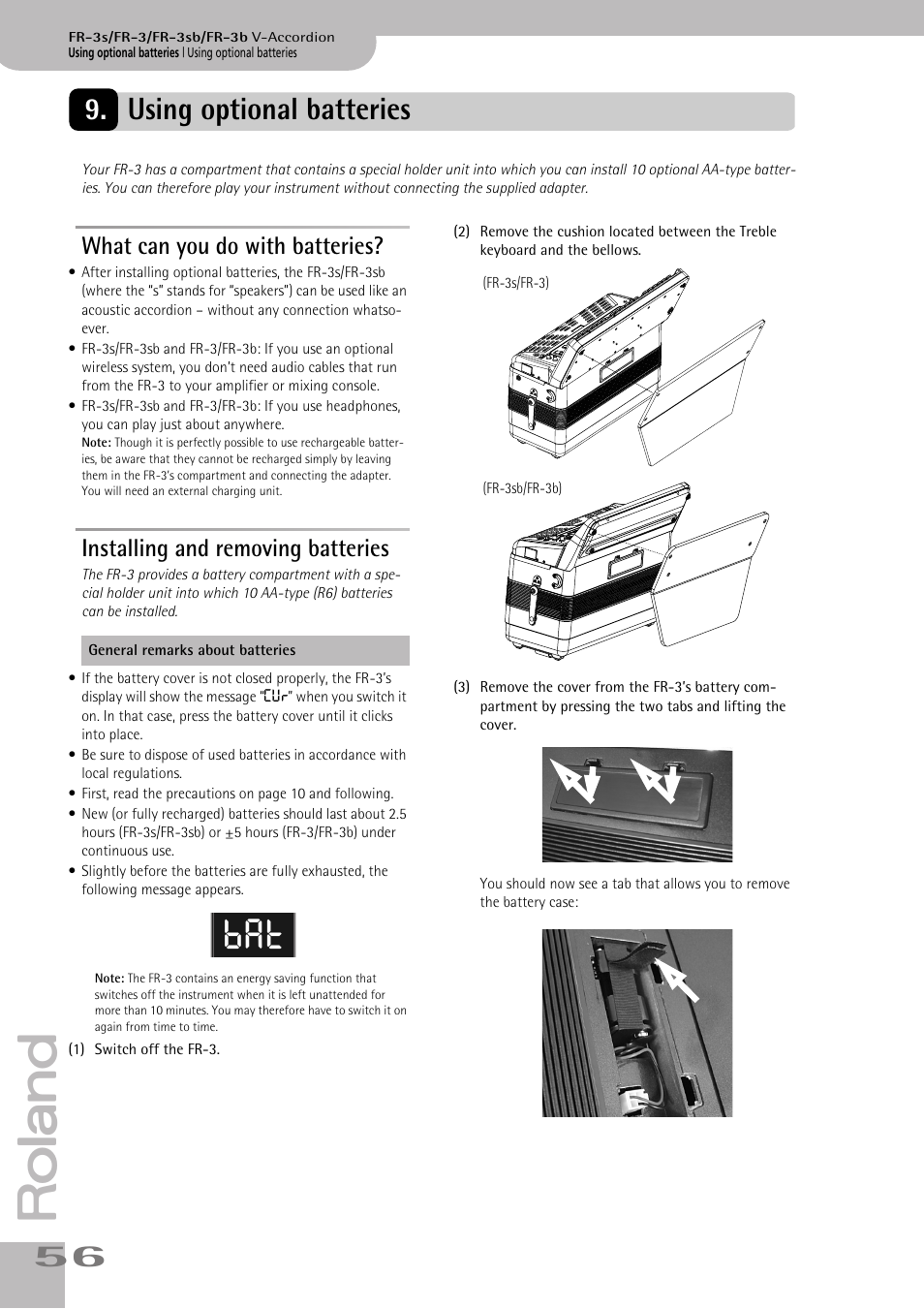 Using optional batteries, What can you do with batteries, Installing and removing batteries | Roland FR-3s User Manual | Page 56 / 68