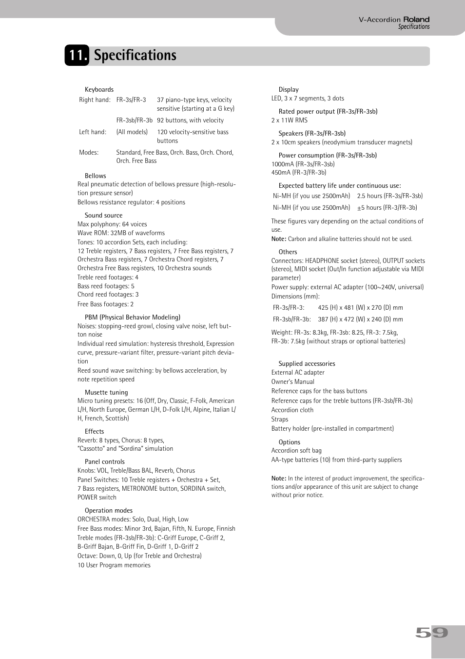 Specifications, 59 11. specifications | Roland FR-3s User Manual | Page 59 / 68