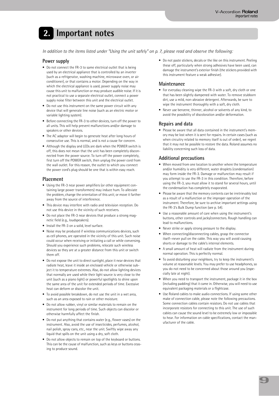 Important notes, Power supply, Placement | Maintenance, Repairs and data, Additional precautions | Roland FR-3s User Manual | Page 9 / 68