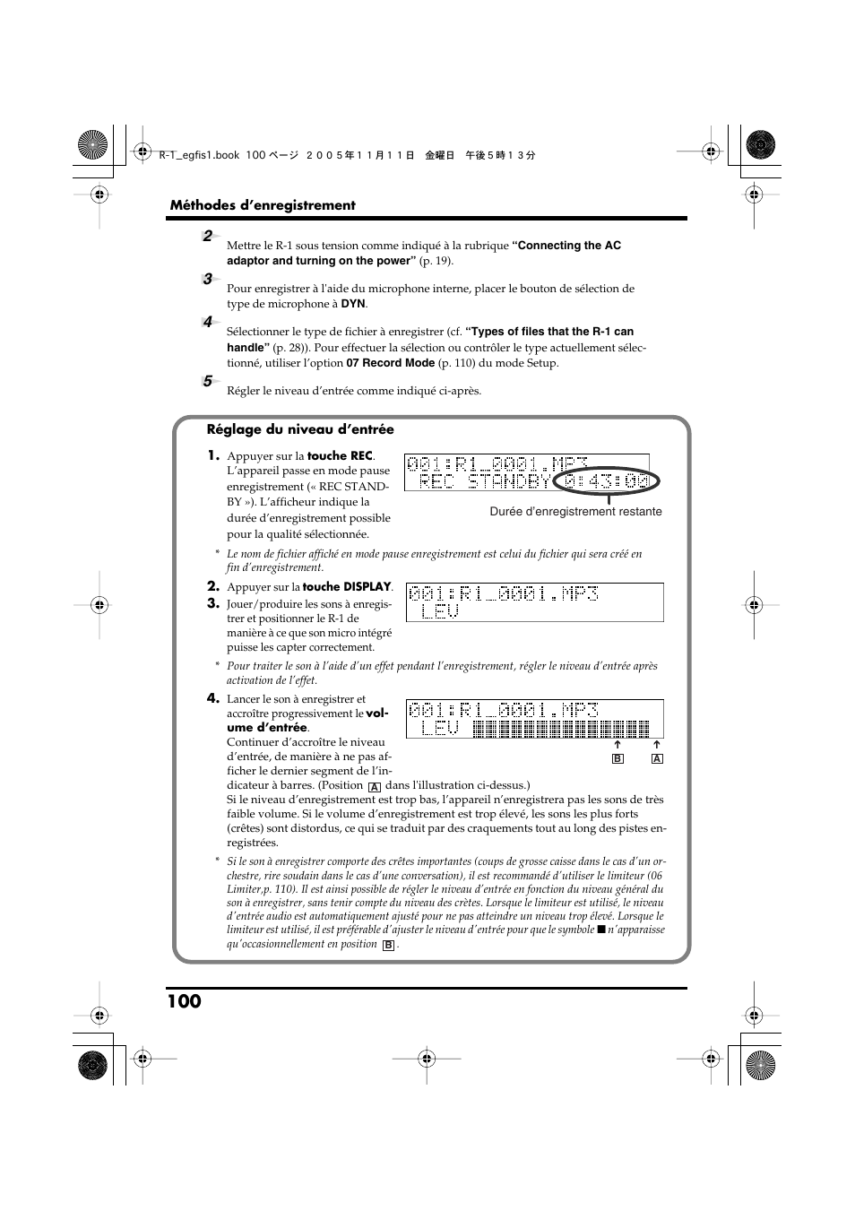 Réglage du niveau d’entrée, P. 100) tout en surveillant le niveau d’entrée | Roland R-1 User Manual | Page 100 / 160