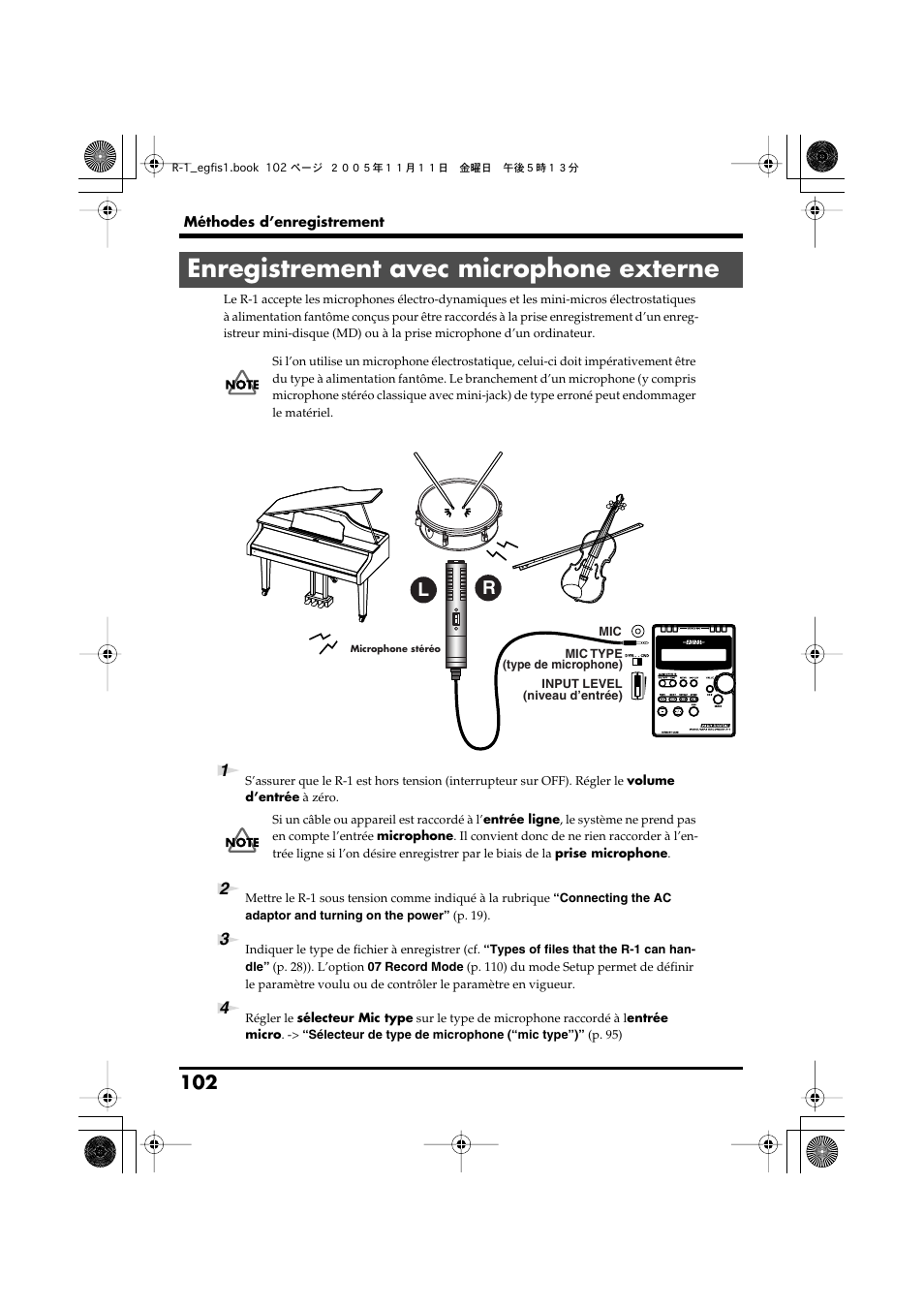 Enregistrement avec microphone externe | Roland R-1 User Manual | Page 102 / 160