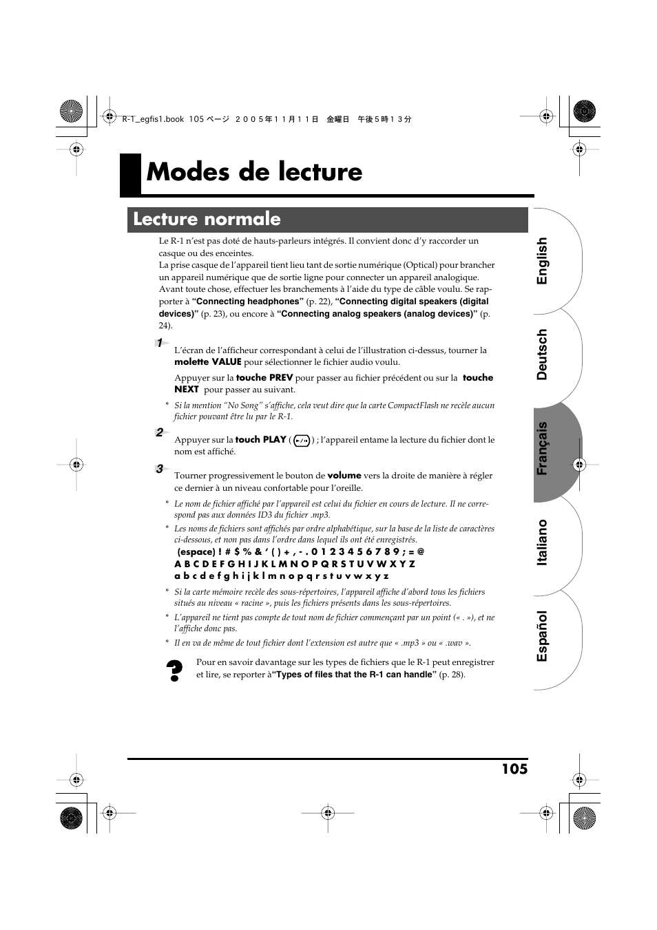 Modes de lecture, Lecture normale, D’autres modes de lecture existent - se reporter à | Modes de lec, Ture, P. 105), English deutsch français italiano español 105 | Roland R-1 User Manual | Page 105 / 160