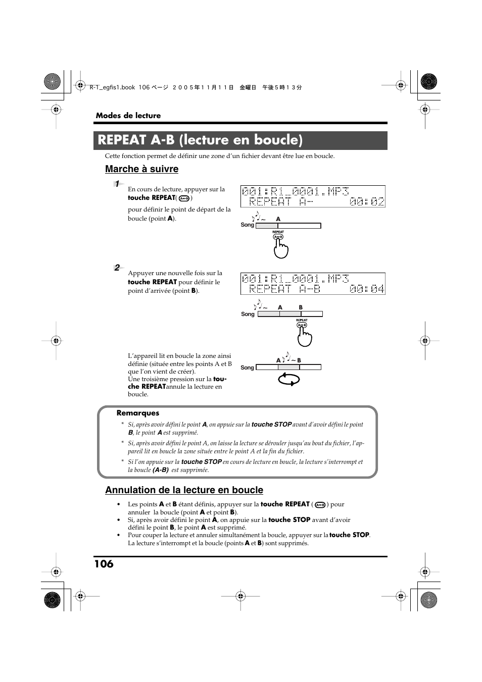 Repeat a-b (lecture en boucle), Marche à suivre, Annulation de la lecture en boucle | Roland R-1 User Manual | Page 106 / 160