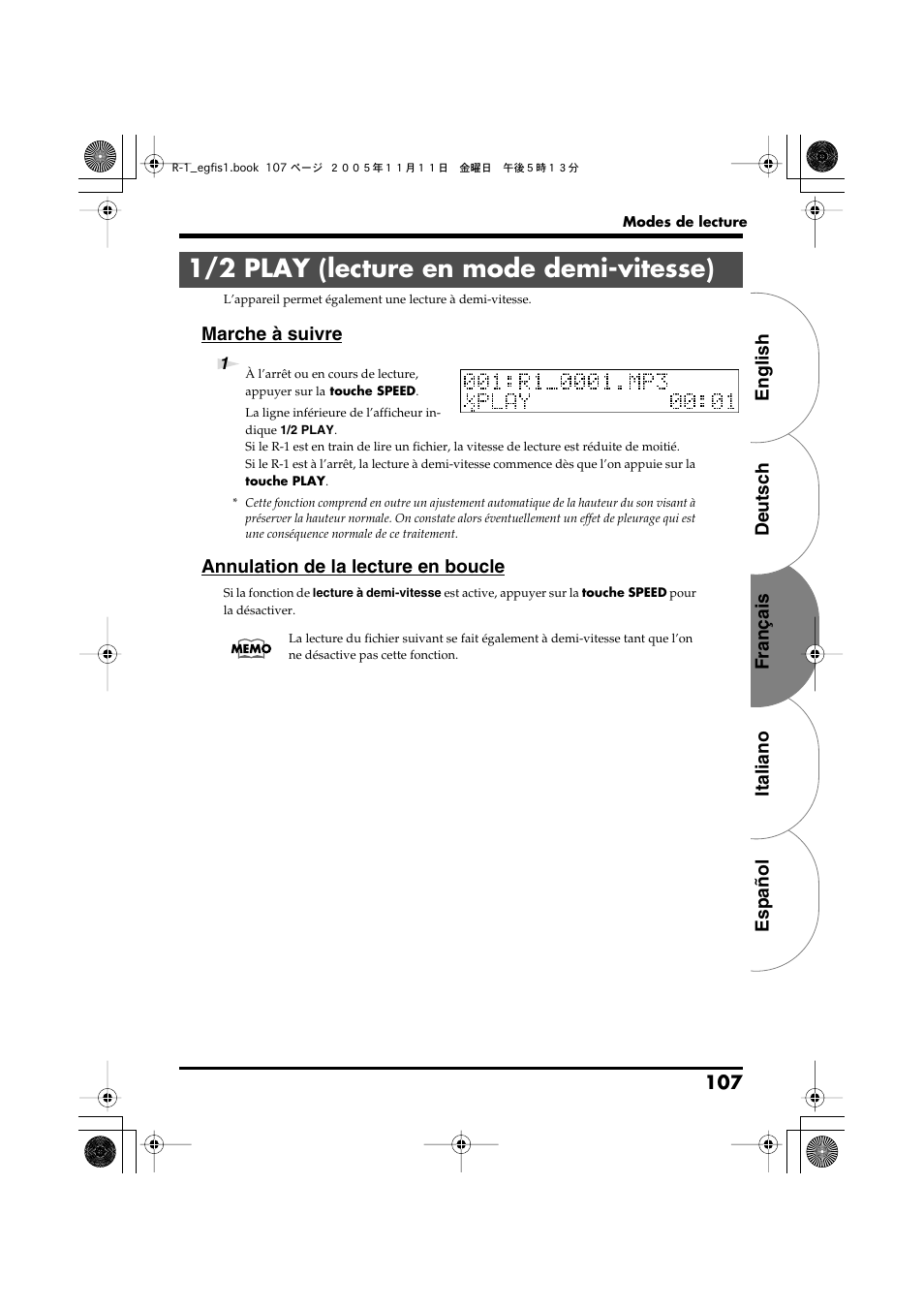 1/2 play (lecture en mode demi-vitesse), English deutsch français italiano español 107, Marche à suivre | Annulation de la lecture en boucle | Roland R-1 User Manual | Page 107 / 160
