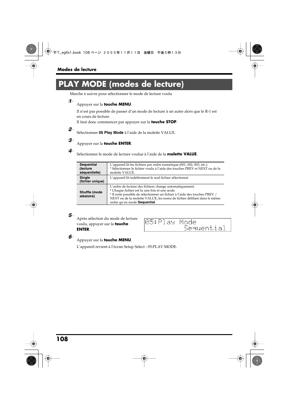 Play mode (modes de lecture) | Roland R-1 User Manual | Page 108 / 160