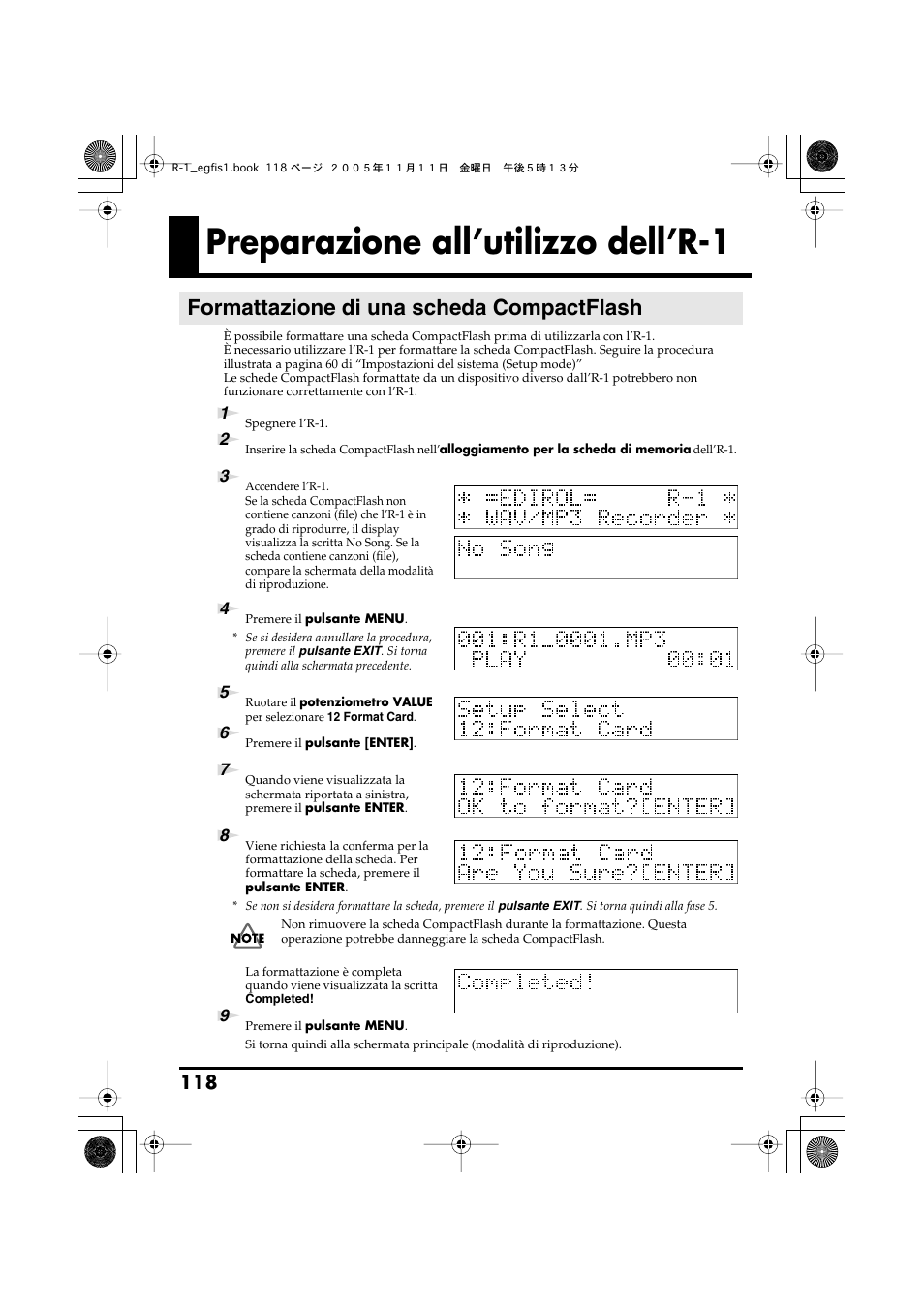 Preparazione all’utilizzo dell’r-1, Formattazione di una scheda compactflash | Roland R-1 User Manual | Page 118 / 160