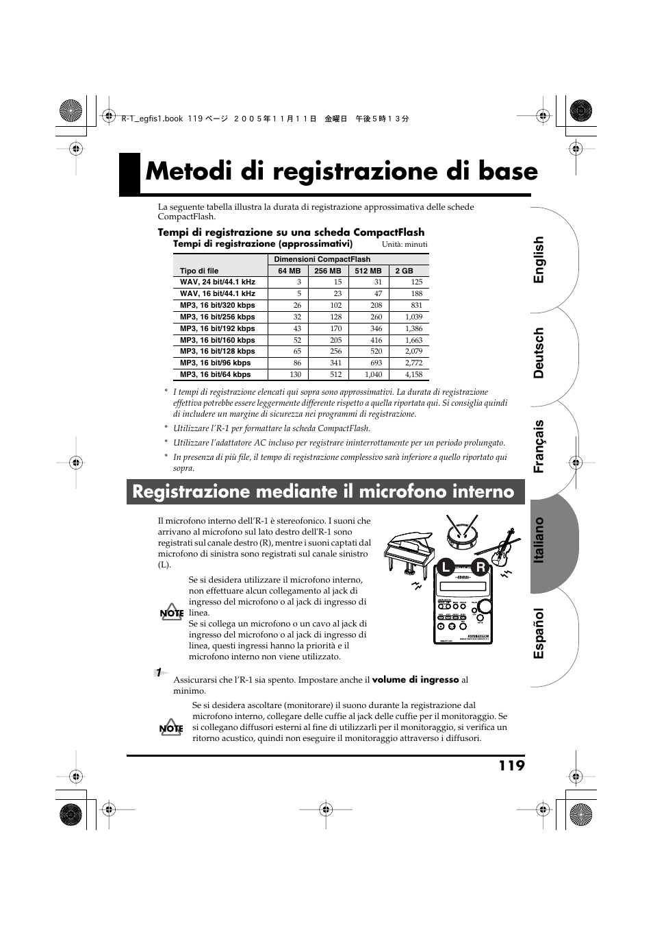 Metodi di registrazione di base, Registrazione mediante il microfono interno, English deutsch français italiano español 119 | Roland R-1 User Manual | Page 119 / 160