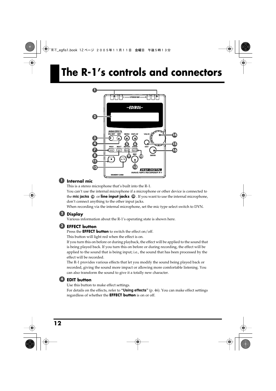 The r-1’s controls and connectors | Roland R-1 User Manual | Page 12 / 160