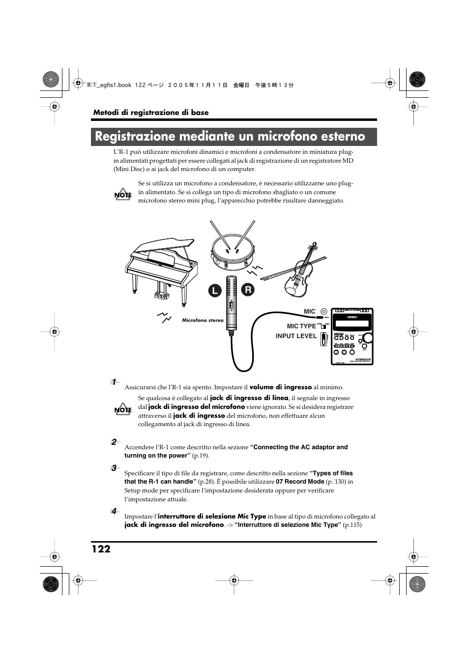 Registrazione mediante un microfono esterno | Roland R-1 User Manual | Page 122 / 160