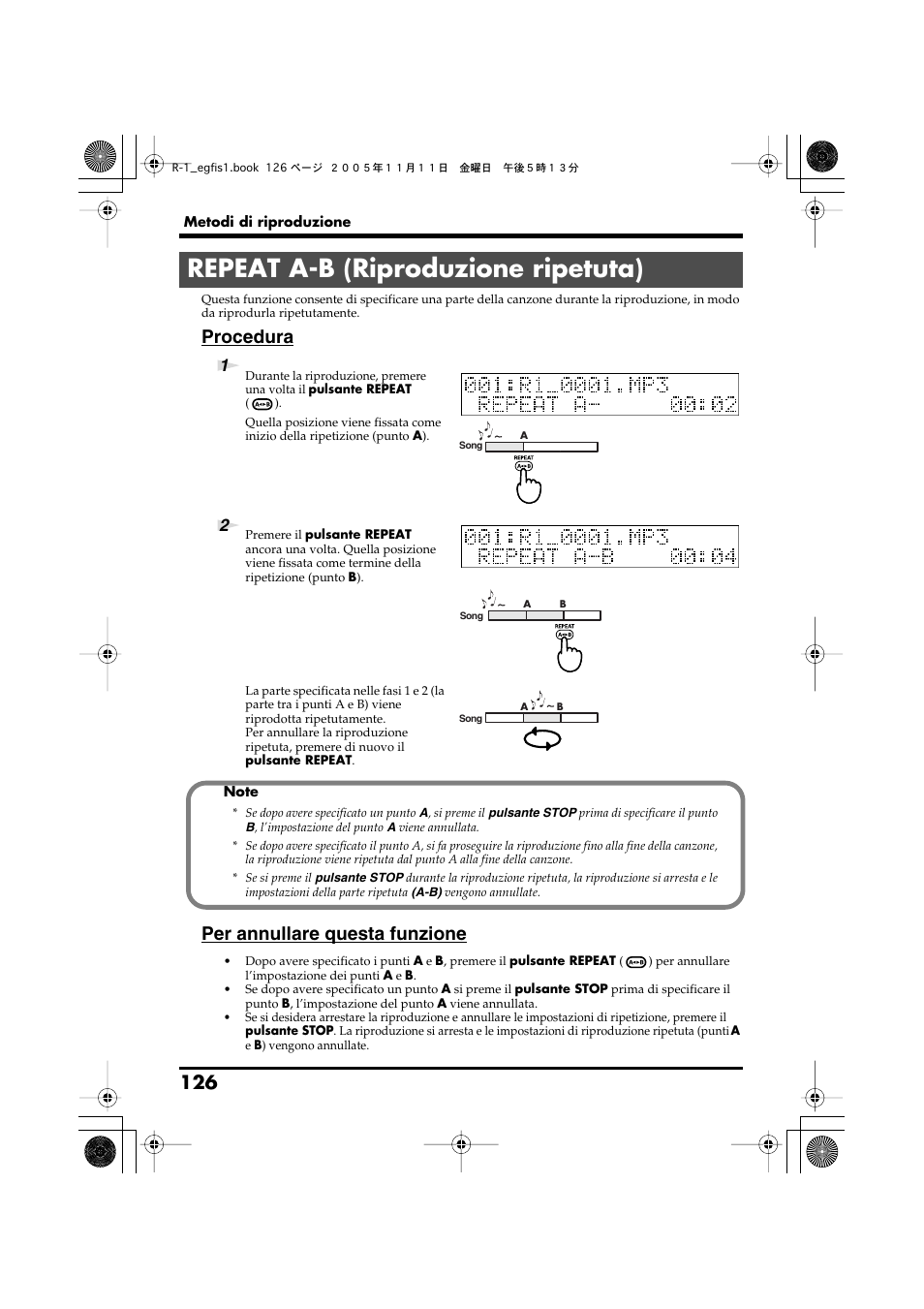 Repeat a-b (riproduzione ripetuta), Procedura, Per annullare questa funzione | Roland R-1 User Manual | Page 126 / 160