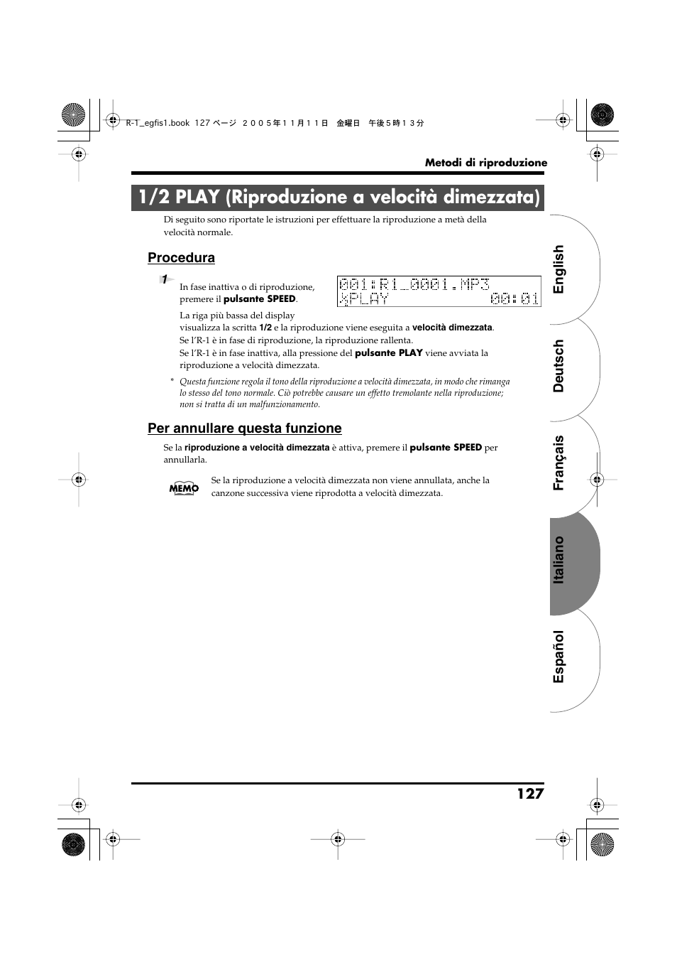 1/2 play (riproduzione a velocità dimezzata), English deutsch français italiano español 127, Procedura | Per annullare questa funzione | Roland R-1 User Manual | Page 127 / 160