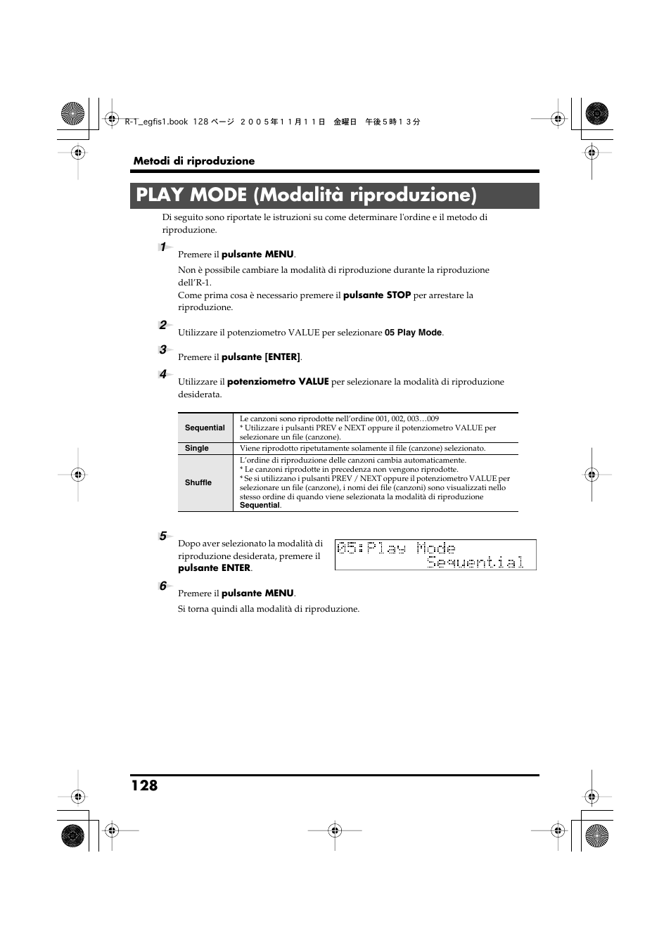 Play mode (modalità riproduzione) | Roland R-1 User Manual | Page 128 / 160