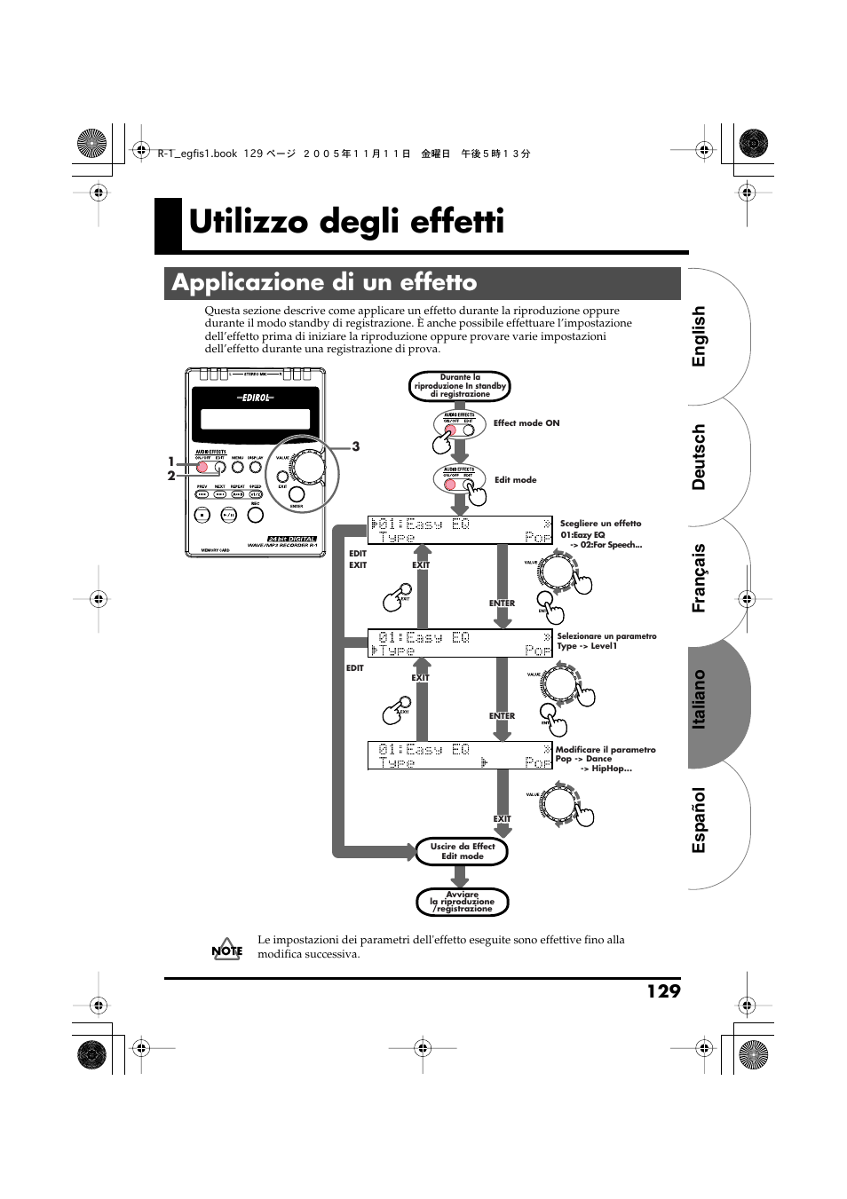 Utilizzo degli effetti, Applicazione di un effetto, English deutsch français italiano español 129 | Roland R-1 User Manual | Page 129 / 160