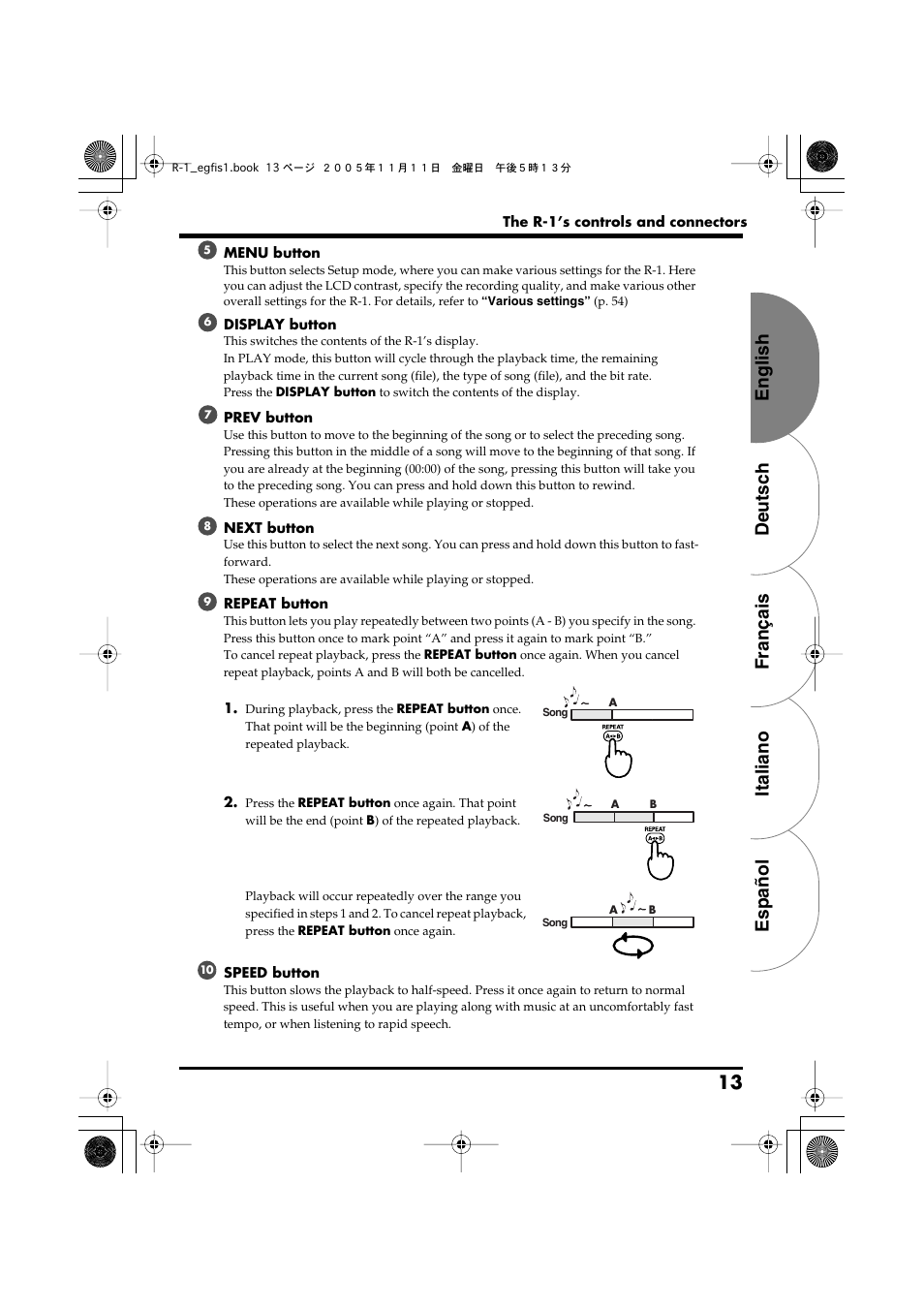 English deutsch français italiano español 13 | Roland R-1 User Manual | Page 13 / 160