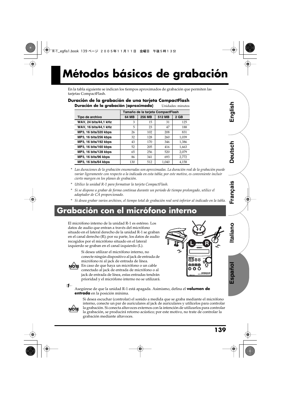 Métodos básicos de grabación, Grabación con el micrófono interno, English deutsch français italiano español 139 | Roland R-1 User Manual | Page 139 / 160