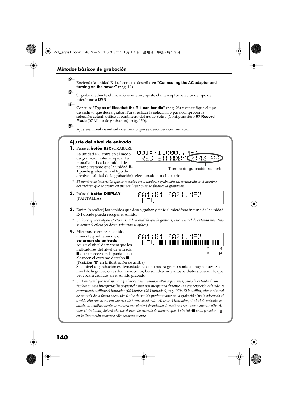 Ajuste del nivel de entrada, Pág. 140) para | Roland R-1 User Manual | Page 140 / 160