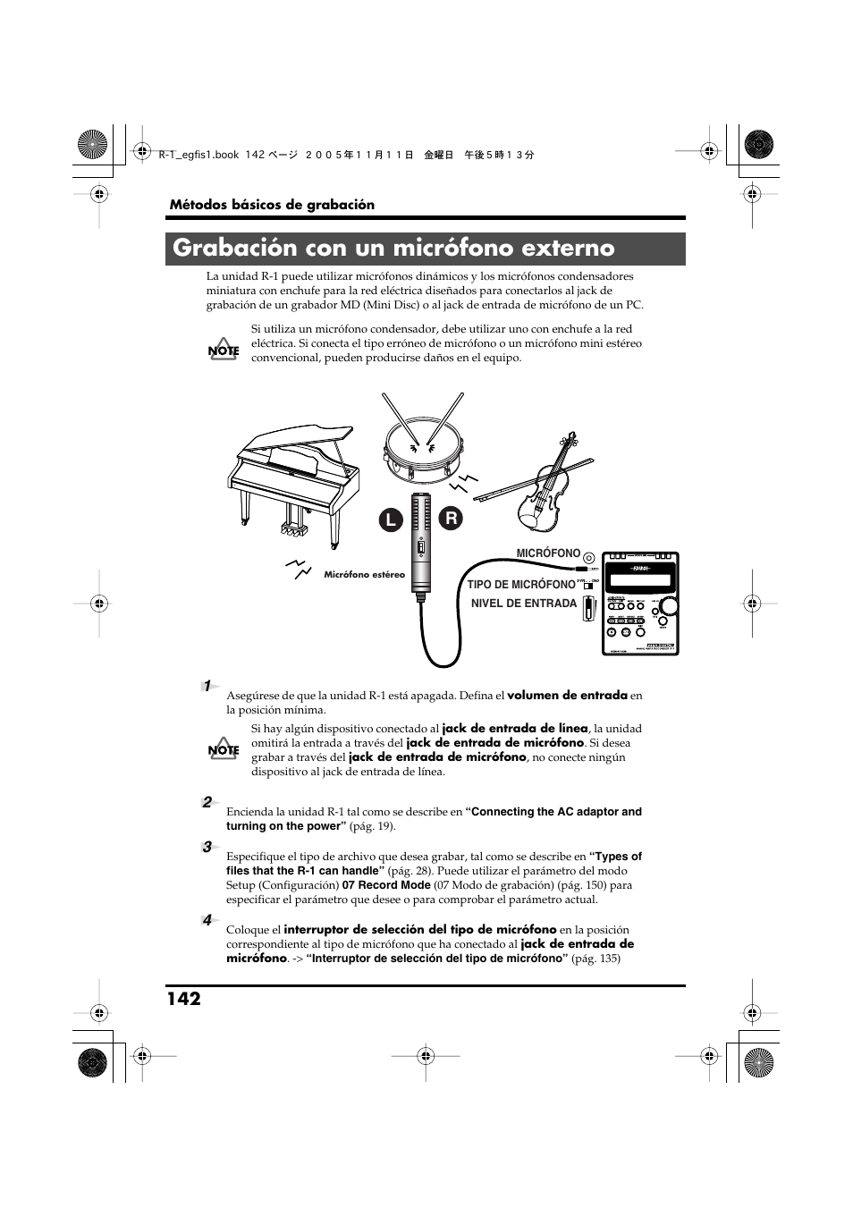 Grabación con un micrófono externo | Roland R-1 User Manual | Page 142 / 160