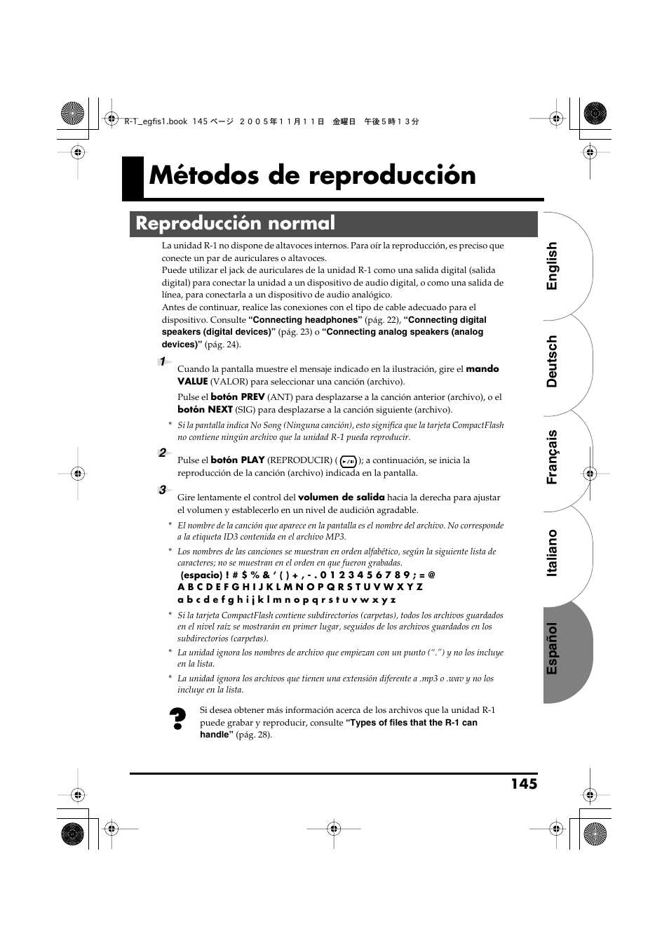 Métodos de reproducción, Reproducción normal, English deutsch français italiano español 145 | Roland R-1 User Manual | Page 145 / 160