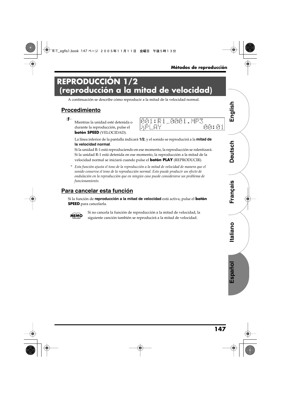 English deutsch français italiano español 147, Procedimiento, Para cancelar esta función | Roland R-1 User Manual | Page 147 / 160