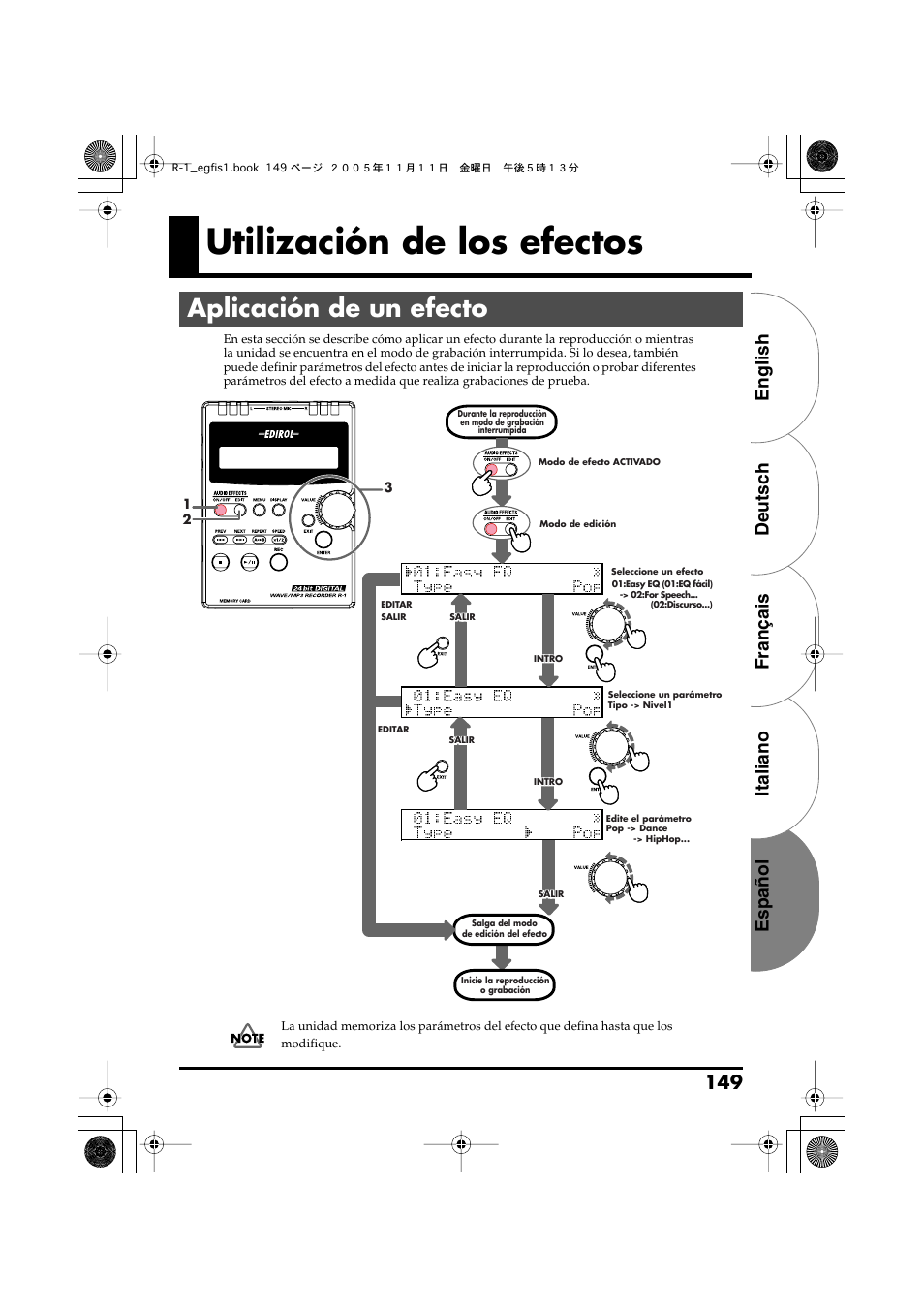 Utilización de los efectos, Aplicación de un efecto, English deutsch français italiano español 149 | Roland R-1 User Manual | Page 149 / 160