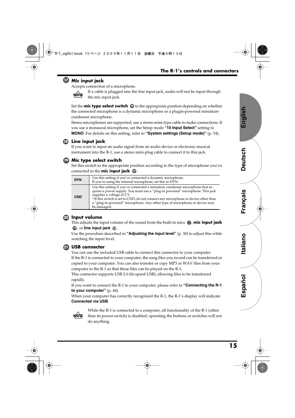 English deutsch français italiano español 15 | Roland R-1 User Manual | Page 15 / 160