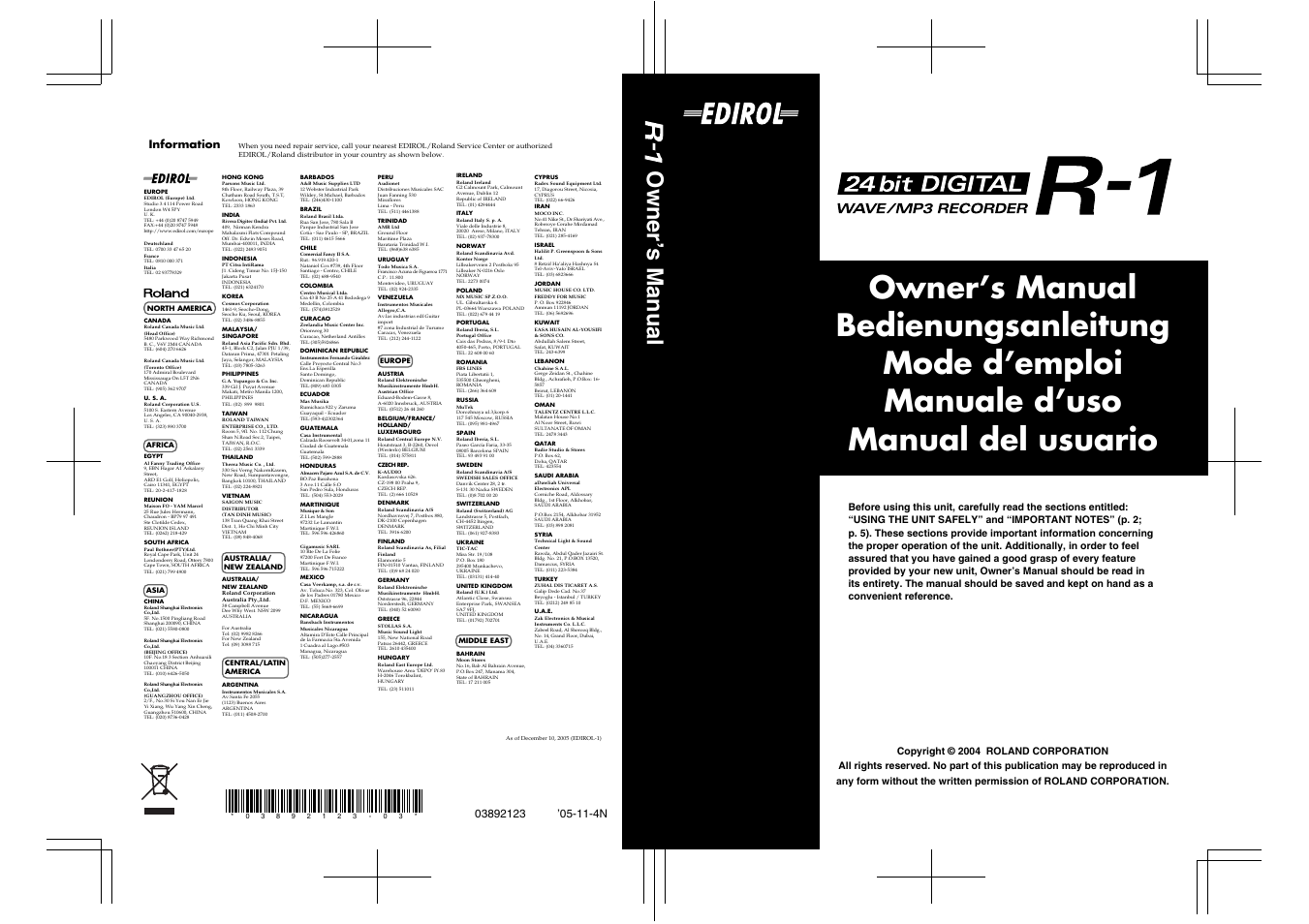Owner’s manual, Information | Roland R-1 User Manual | Page 160 / 160
