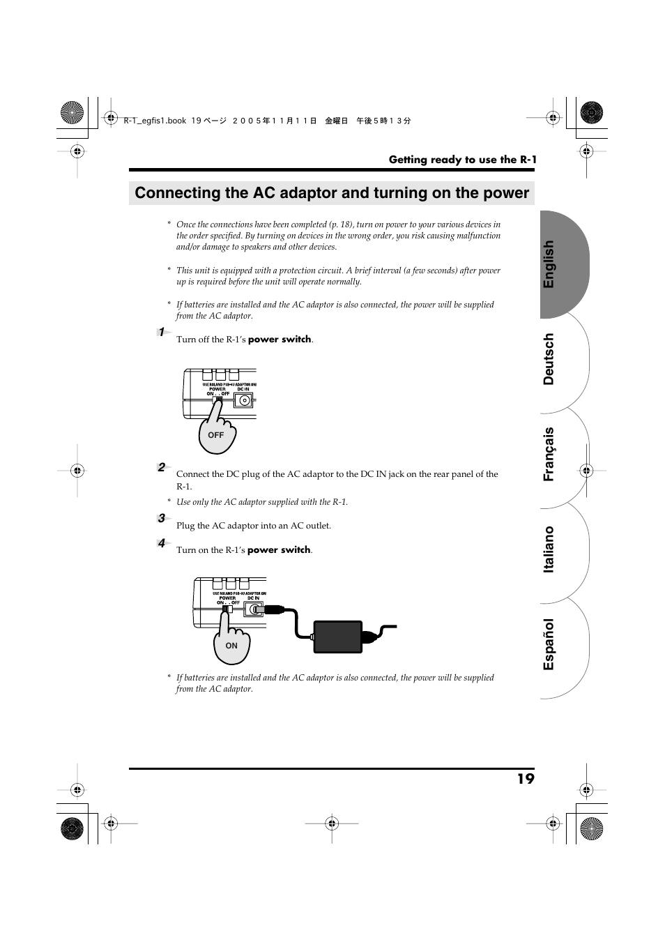 Connecting the ac adaptor and turning on the power, P. 19), English deutsch français italiano español 19 | Roland R-1 User Manual | Page 19 / 160