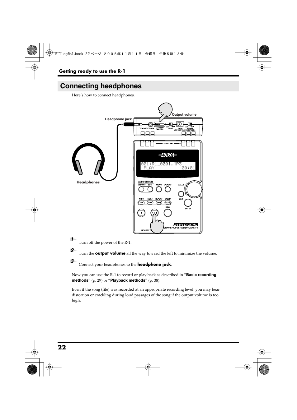 Connecting headphones, P. 22) | Roland R-1 User Manual | Page 22 / 160