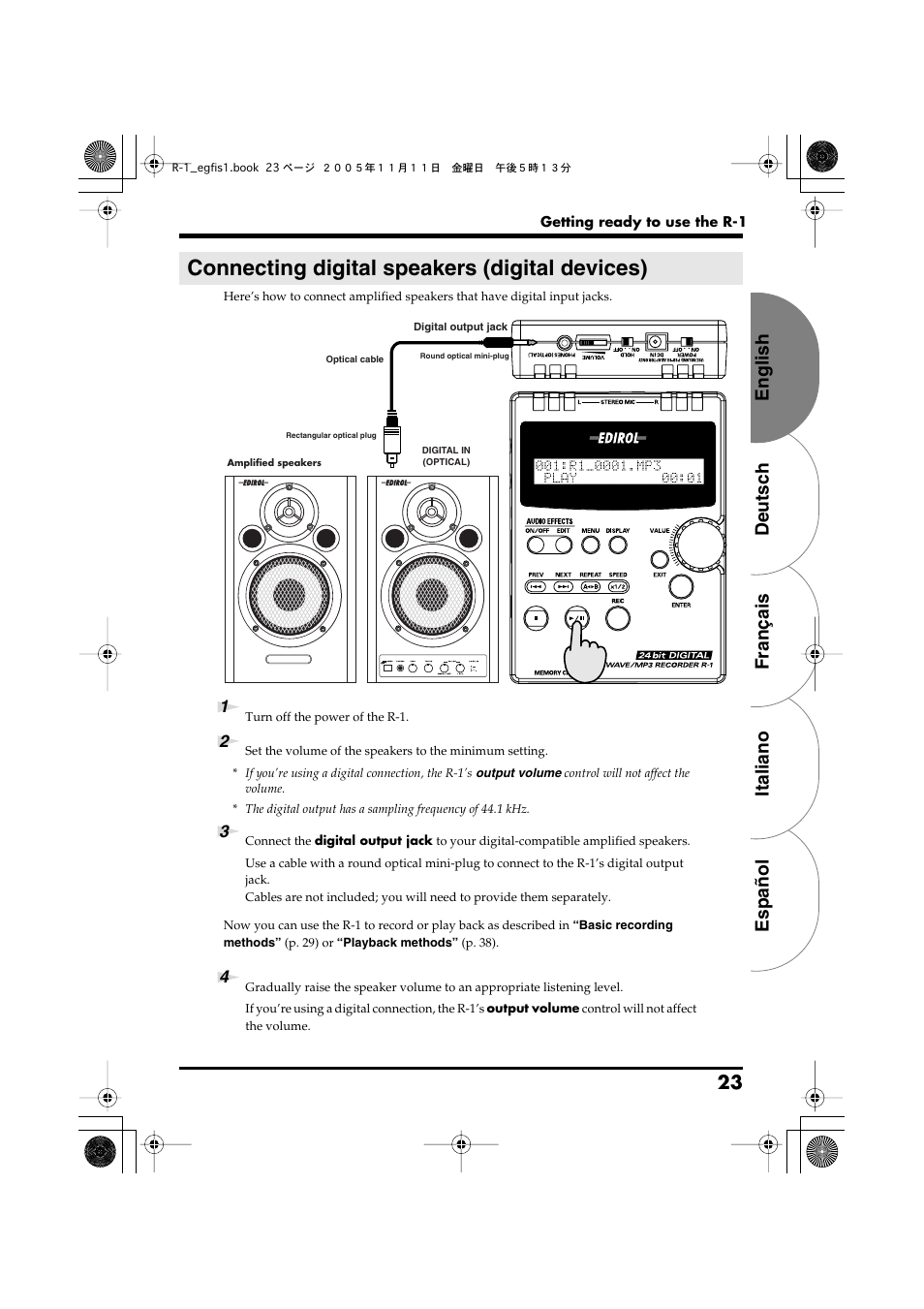 Connecting digital speakers (digital devices), Connecting digital speakers, Digital devices) | P. 23), or, English deutsch français italiano español 23 | Roland R-1 User Manual | Page 23 / 160