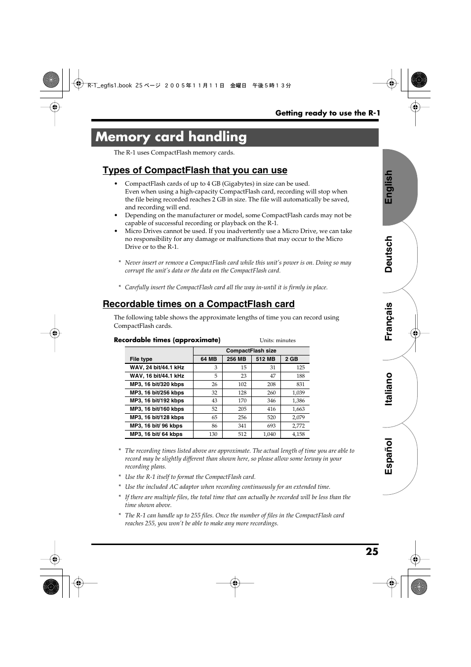 Memory card handling, P. 25), English deutsch français italiano español 25 | Types of compactflash that you can use, Recordable times on a compactflash card | Roland R-1 User Manual | Page 25 / 160