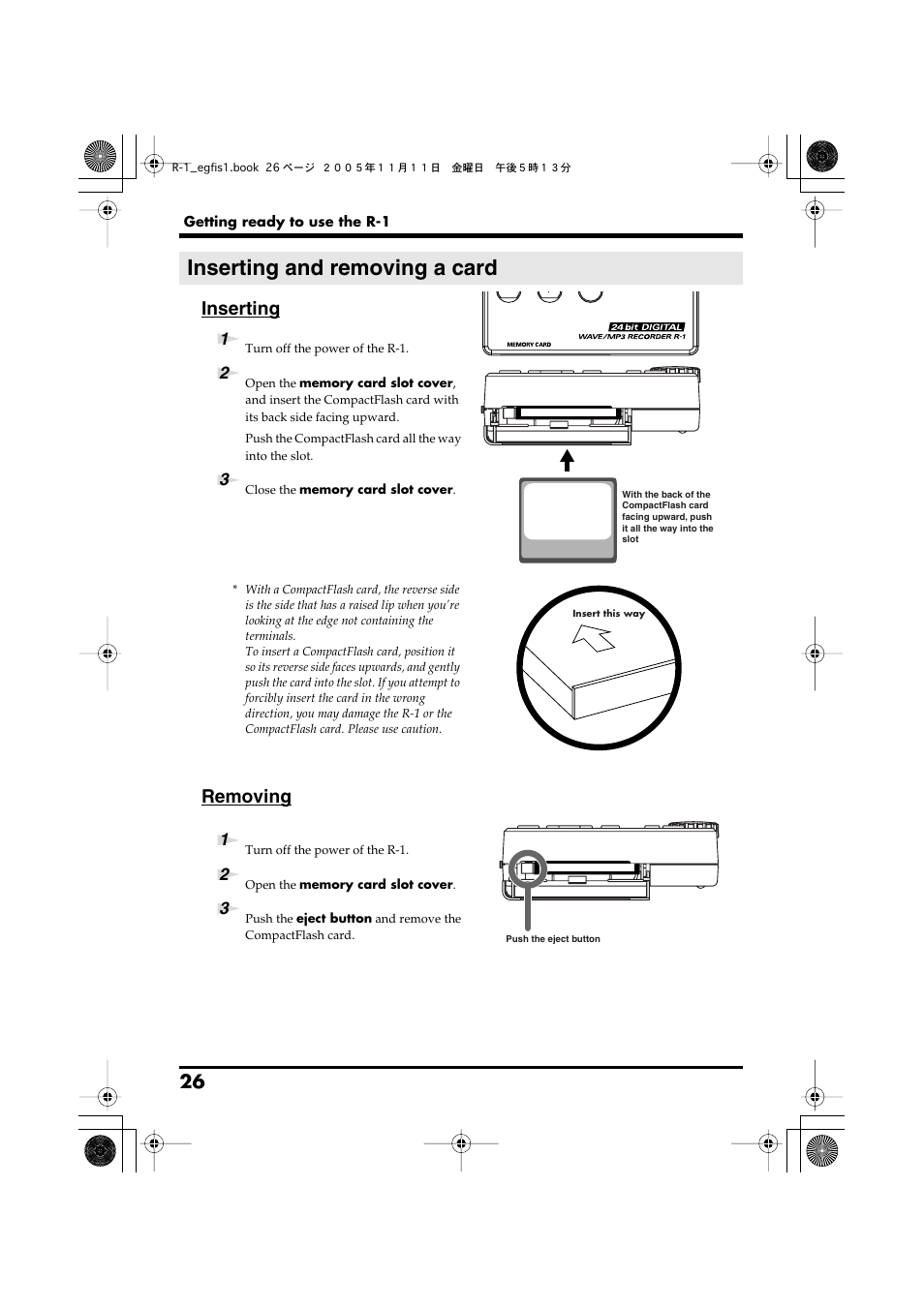 Inserting and removing a card, Inserting, Removing | Roland R-1 User Manual | Page 26 / 160