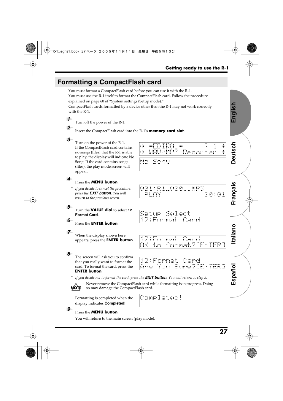 Formatting a compactflash card, English deutsch français italiano español 27 | Roland R-1 User Manual | Page 27 / 160