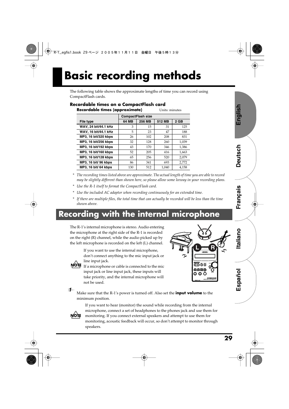 Basic recording methods, Recording with the internal microphone, Basic recording | Methods, P. 29) or, English deutsch français italiano español 29 | Roland R-1 User Manual | Page 29 / 160