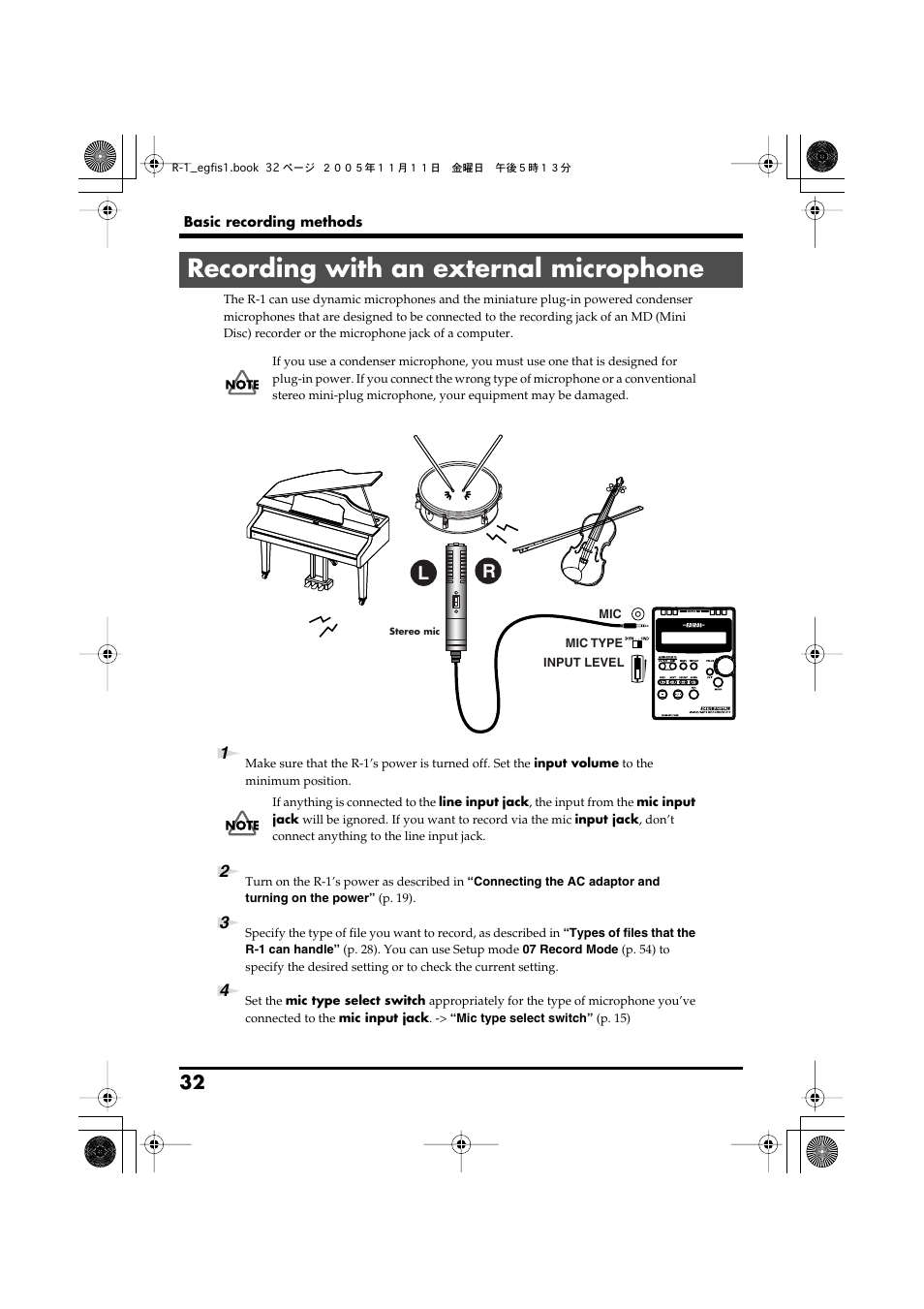 Recording with an external microphone | Roland R-1 User Manual | Page 32 / 160